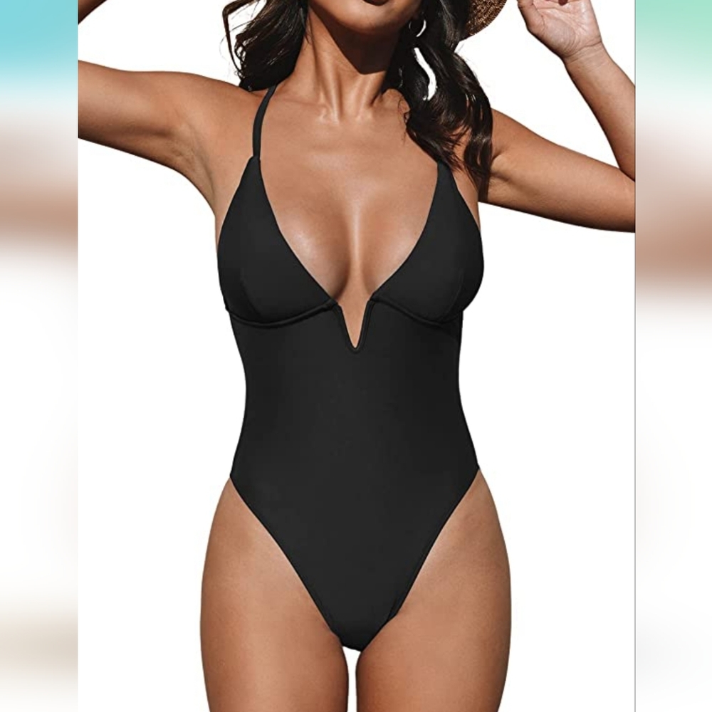 Women Swimsuit One Piece Bathing Suit Deep V Neck Crisscross Back